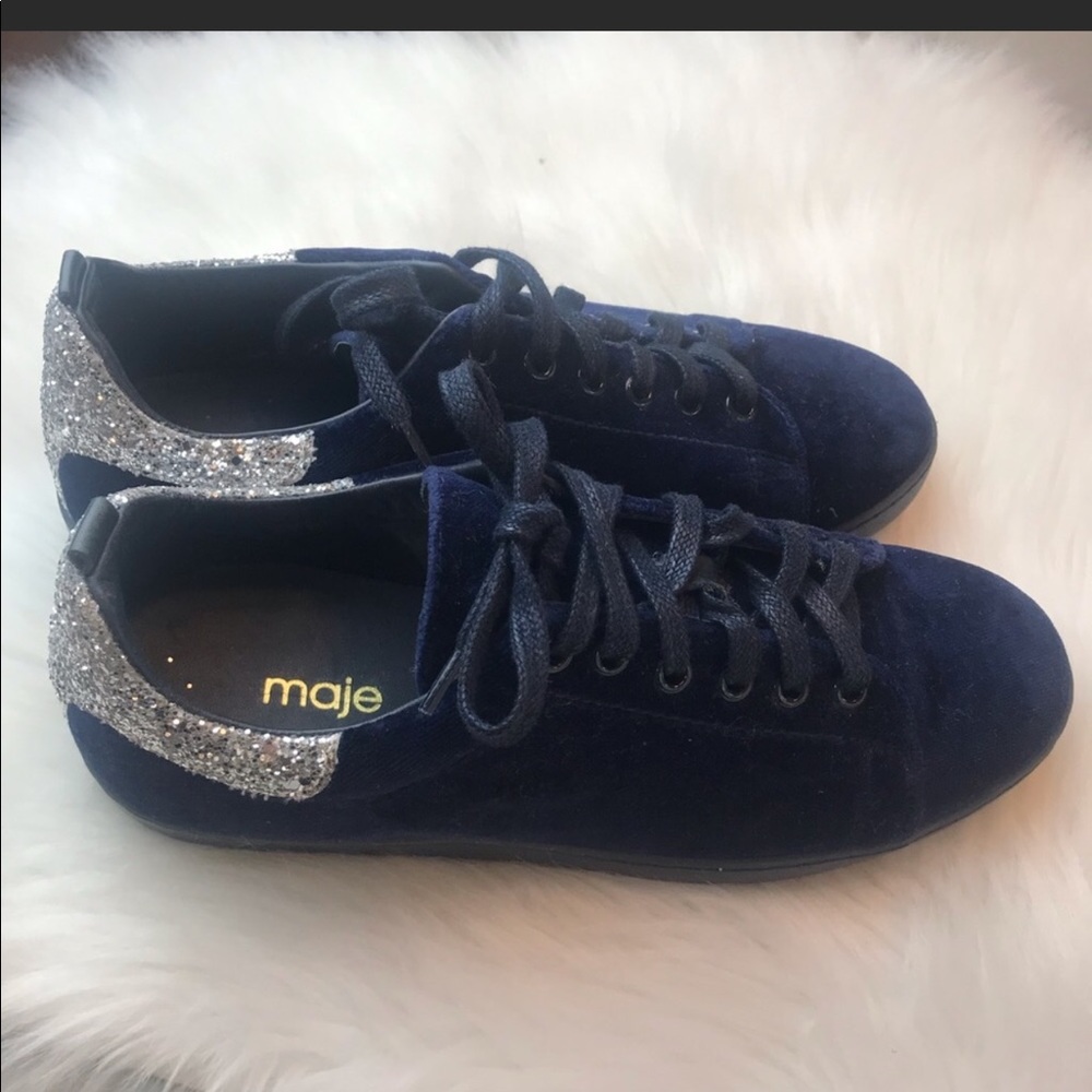Maje Fanny Velvet and Glitter Sneaker In Navy Blue